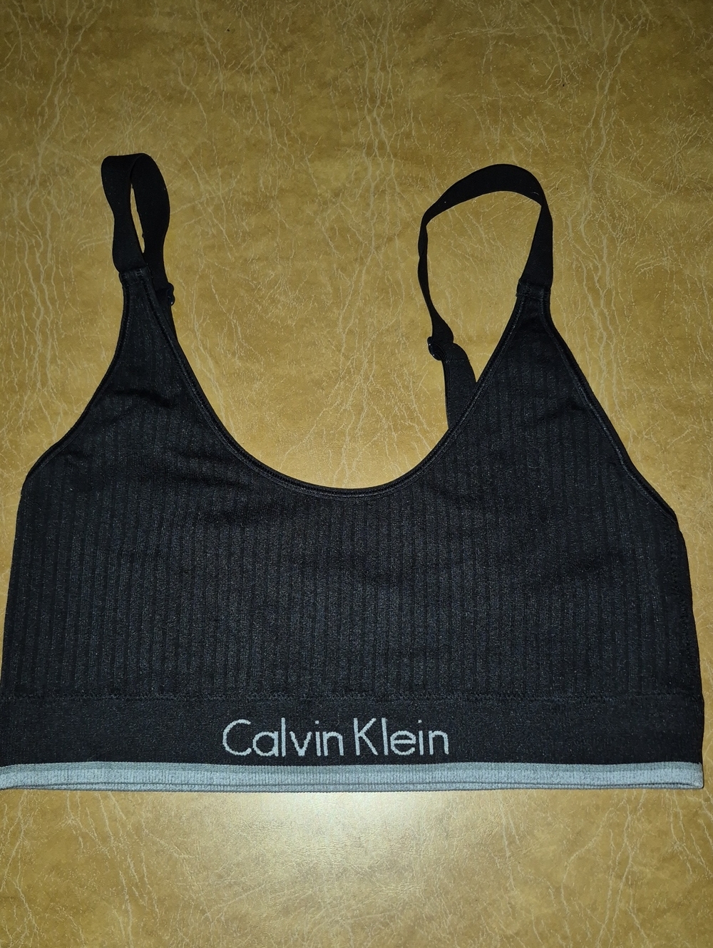 Calvin Klein Black Ribbed Logo Bralette with Gray Trim Size M See Measurement